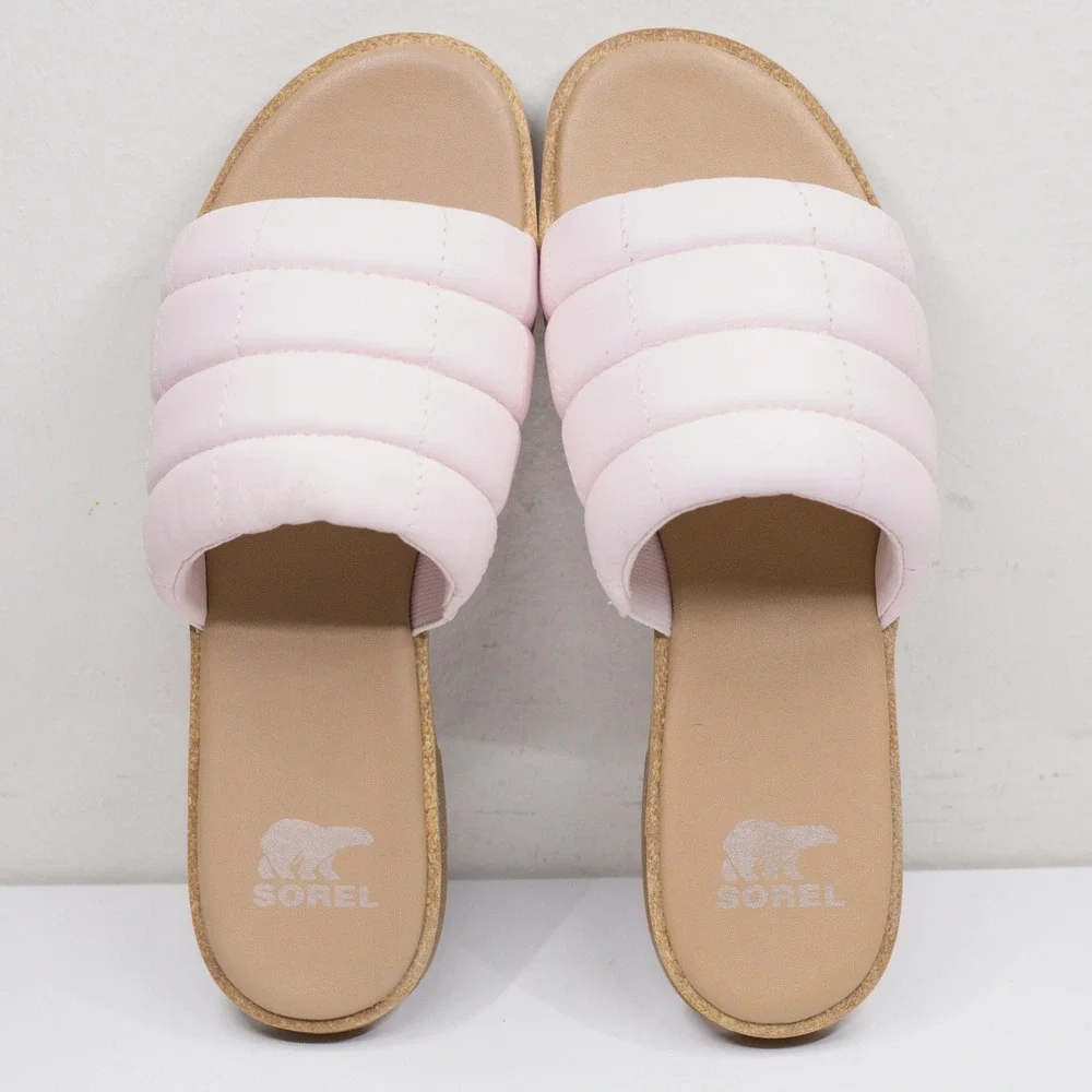 SOREL Ella III Puffy Quilted Leather Slide Sandals Minimalist Pink Sz 6